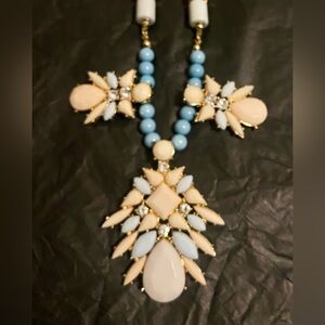 Sandy Beach Bohemian Champagne Blue Rhinestone Statement Necklace; signed NY